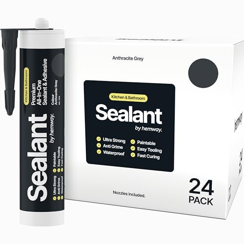 Hemway 300 ml Anthracite Grey Hybrid Polymer Sealant | Odourless & Sanitary Anti-Mould Adhesive | Waterproof & Suitable For Kitchen, Bathroom & Around Bath, Shower & Toilet | Easy To Use - 24 Pack