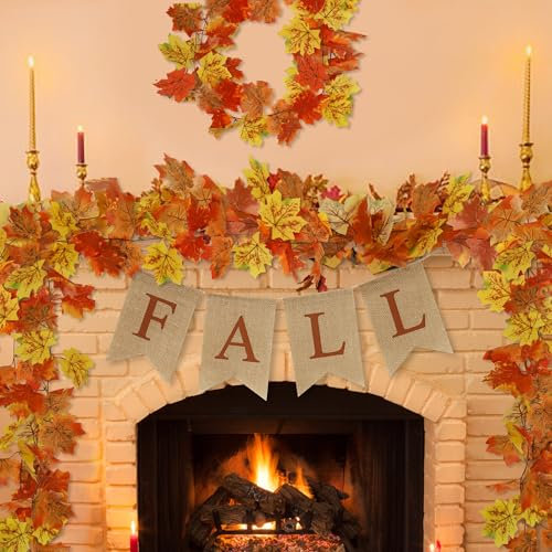 Funnlot Herbst Girlande,Herbst Dekoration, Künstliche Blätter Girlande, Herbstdeko Ahornblätter Herbstgirlande für Erntedankfest Halloween Garten Herbst Deko 2M(2PCS)