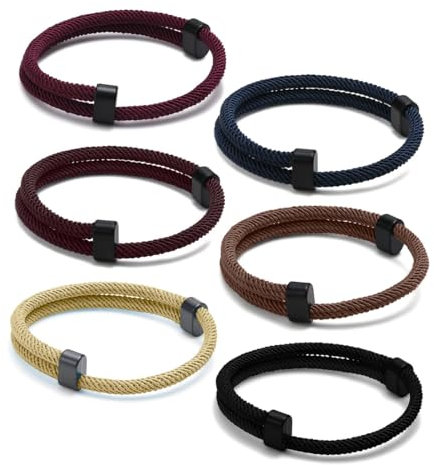 IOURVYA 6 bracciali da surfista, in corda, per uomini e donne, braccialetti intrecciati regolabili per uomini e donne, 15–25 cm, Corda Milan, lega