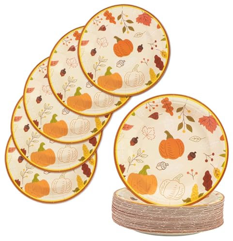 AHPYEUHK Thanksgiving Day Paper Plates 50 Pack - 7inch Fall Party Supplies, Dessert Plates With Autumn Pumpkin, Maple Leaf, Wheat Round Designs for Decorations