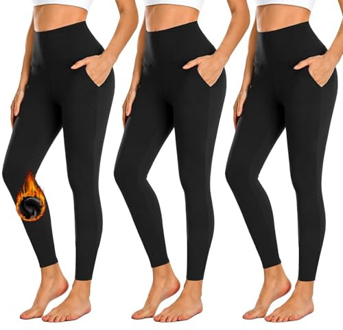 FuelMeFoot 3er Pack Thermo Leggings mit Taschen gefüttert Leggings Damen High Waist Leggins Warm Winter. 01-Schwarz/Schwarz/Schwarz L/XL