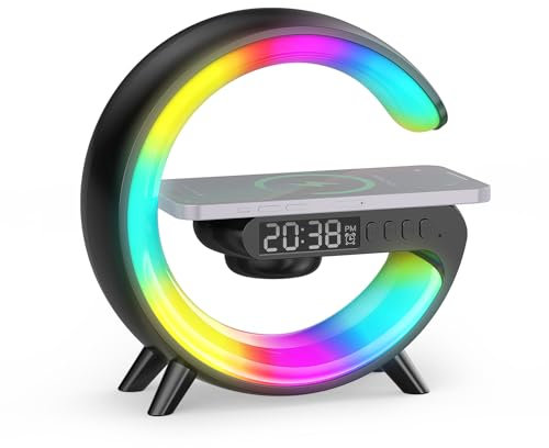 Smiling Shark Lichtwecker, Intelligente Wecker Licht Atmosphärenlicht mit Kabelloses Ladegerät & Bluetooth Lautsprecher Taste Steuerung 10 Licht Modus Sonnenaufgang Licht Wecker für Wohnzimmer