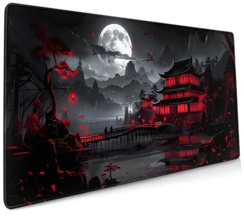 Japanisches Mauspad, XXL, 90 x 40 cm, Design-Stil, erweitertes großes Gaming-Mauspad, Tastatur, Schreibtischunterlage, rutschfeste Gummiunterseite, genähte Kanten, für Heimbüro, Schwarz / Rot