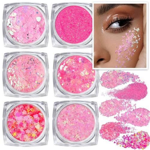 Festival Glitzer Gesicht, 6 Stück Body Glitter Gel Chunky Sequin Face Body Glitter Festival Zubehör Accessoires Gadget, Haar Glitzer Festival Gesichtsglitzer Halloween Schminke Karneval Körperglitzer