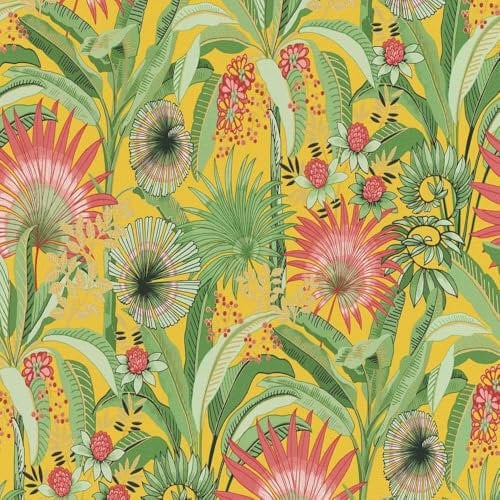 Martinique Tropical Yellow Wallpaper - Botanical Leaves Flowers Floral Stylish - Textured Paste The Wall Vinyl