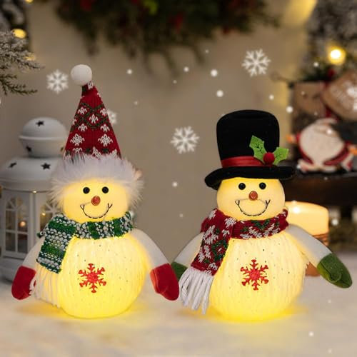 Weihnachtsdeko Weihnachten Schneemann Figur mit LED Licht Leuchtende Weihnachtsfiguren Klein Christmas Decorations Tischdeko Weihnachten Deko Beleuchtet Figuren für Innen Kamin Büro Zimmer (2PCS/A)