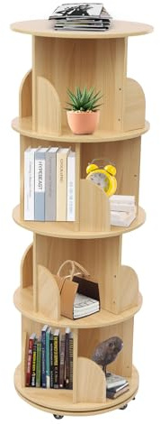 Susoso Drehbares Bücherregal, Standregal mit 4 Universal-Räder Dekoregal Lagerregal Rund Bookshelf Jede Ebene Tragfähigkeit 50kg für Balkon 46x130cm Holzfarbe