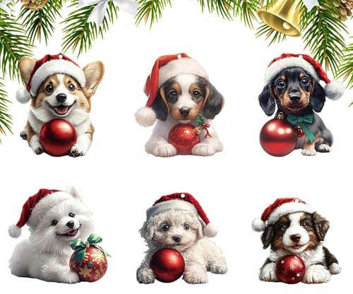 Weihnachts-Hundeanhänger,Hunde-Weihnachtsbaumschmuck,6X Hund mit Weihnachtsmannmütze Feiertags-Christbaumschmuck - 2D Acryl Hund Haustier Figur Ornament für Weihnachtsbaum Dekoration