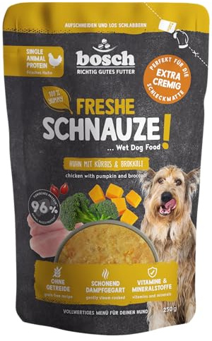 Bosch Freshe Schnauze, Huhn mit Kürbis und Brokkoli 1 x 250 g, Schonend Dampfgegartes Nassfutter für Hunde, Vollwertiges Alleinfuttermittel mit hohem Fleischgehalt, 250 g Hundenassfutter