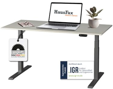 Hausfux Höhenverstellbarer Schreibtisch nach Maß (200 x 70 cm) | 2,5 cm starke Tischplatte auf Maß in Nordic Weiß, Gestell Schwarz, 3-stufig - maßgefertigt mit OLED-Touchpanel.
