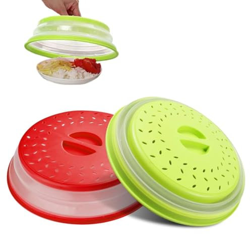 2 Pcs Microwave Cover Collapsible Microwave Splatter Cover with Steam Vents High Temperature Resistant Round Multi-Functional Plastic Fruit Basket Straine (Green, Red)