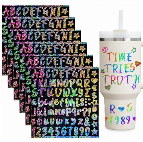 FEZTGVOFA 6 Pcs Glitter Letter Stickers, Multicolour Vinyl, Waterproof, No-Adhesive, Capital & Small Letters, For Cups, Water Bottles