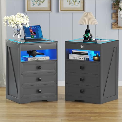 Gurexl Set of 2 LED Bedside Table with Hidden Drawer, Glass Top Bedside Table with Wireless Charger Station, LED Night Stand with Human Sensor Design, Modern End Table for Bedroom Living Room (Gray)