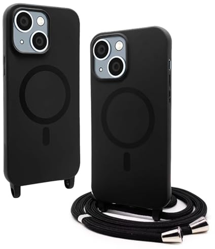 BGHHEU Handykette Hülle kompatibel mit iPhone 13 Mini mit Band,Handyhülle Kompatibel mit MagSafe,Abnehmbar Kordel zum Umhängen Silikon Case Magnetische Handyhülle,Schwarz