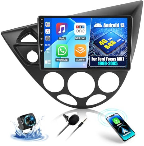 OiLiehu 4+64GB Android 13 2 DIN Carplay Android Auto Autoradio para Ford Focus MK1 C170 1998-2005 Pantalla Radio Coche 9 Pulgadas Mirror Link Bluetooth FM/RDS GPS WiFi SWC EQ Camara Marcha Atras