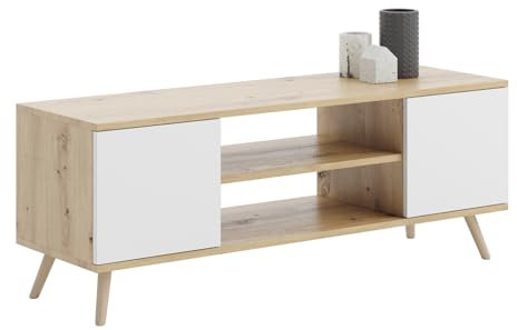 KOBI Focus RTV Schrank | Skandinavischer Stil für das Wohnzimmer | Geräumiger Stauraum | Holzbeine | Modernes Design (Eiche Artisan - weiß)