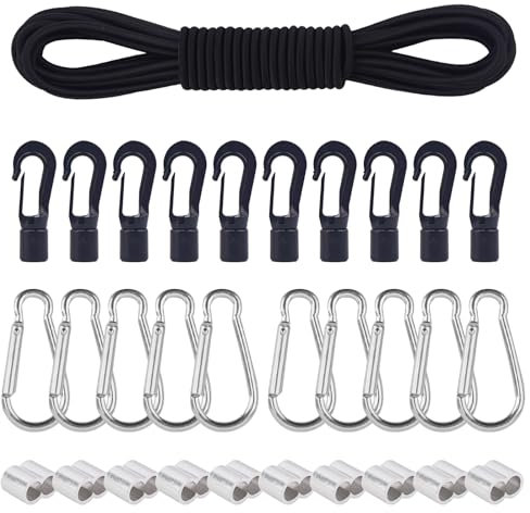AWBEOT Cuerda Elástica 6mm x 10m, Cordón de Goma Elástico, Cordón Elástico Negro, Cuerda de Tensión con 10 Virolas de Aluminio, 10 Ganchos de Plástico y 10 mosquetóns, para Lona,Camping,Kayak,Zapatos