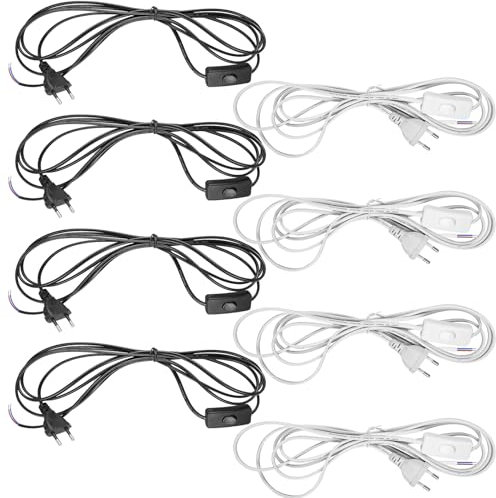 8 cables de alimentación con enchufe e interruptor, 1,80 metros, cable de conexión con enchufe europeo, H03VVH2-F2 x 0,75 mm², para lámparas, lámparas y bombillas (blanco y negro)
