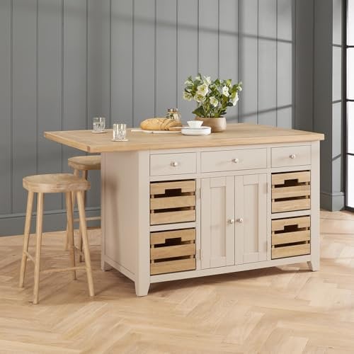 The Furniture Market | Cheshire Dove Grey | Large Kitchen Island with Bar Table Top | 4 Seater | Full Length Drawers | 2 Door Large Cupboard | Fully Assembled | H 900mm x W 1600mm x D 1000mm