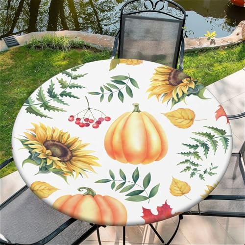 Outdoor Runde Tischdecke mit Gummizug Ø 36in(90cm) - Elastisch Garten tischdecke mit Runder Kürbis Muster