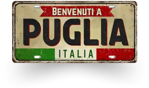 Italienisches Dekoratives Metallschild – Berühmte Städte und Regionen Italiens | Wanddekoration Benvenuti A Italia – Reisesouvenir für Italien-Liebhaber (Puglia)