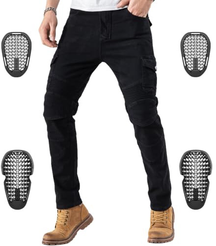 CTBQiTom Motorcykel Motorcykelbyxor bepansrade bikerjeans skyddande motorcykelbyxor med avtagbar CE-rustning, Svart, 28W X 30L
