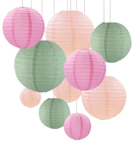 ZYOOO Lanterne en Papier Rose Vert Sauge,Lot de 10 Lanternes en Papier Rondes à Suspendre pour Fête d'anniversaire bohème, Mariage, Remise de diplômes, décoration de Jardin d'été