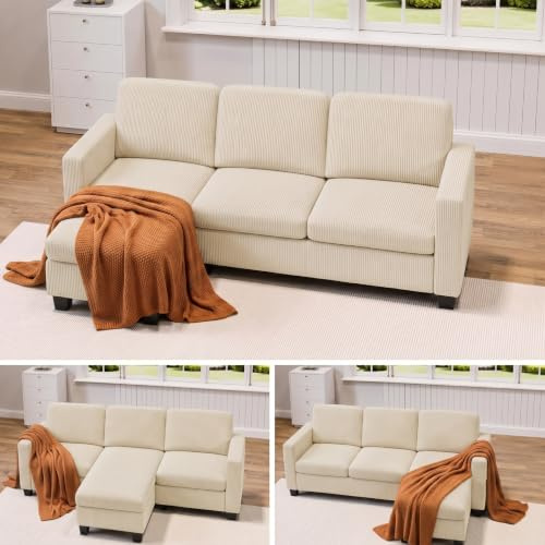 Xbro Ecksofa, Eckcouch L-Form Sofa Mit Ottomane, 3-Sitzer Wohnzimmer Sofa Für Kleine Räume, Modulare Chaiselongue, Cordbezug, Ergonomische Polsterung, 188 x 136,5 x 89 cm, Beige