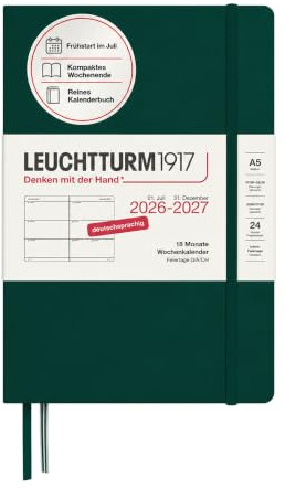 LEUCHTTURM1917 Wochenkalender 2027 Medium (A5) - Deutsch, Forest Green, Hardcover, 145 x 210 mm, 18 Monate - 07. 2026-12.2027, 1 Woche pro Doppelseite, 80 g/m² Papier mit hoher Tintenverträglichkeit