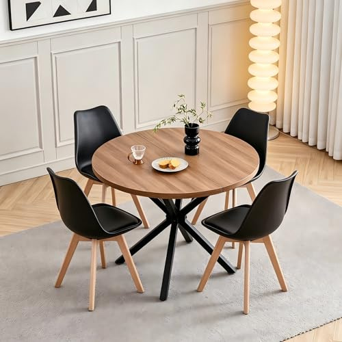 DEYARNA HOME Essgruppe Set Runder Tisch 100 cm mit 4 Skandinavische Stühle, Massivholz-Buchenbeine aus Kunstleder-Sitzkissen für Küche, Esszimmer, Wohnzimmer & Büro (Schwarz+Tiefe Holzoptik)