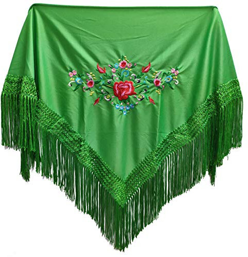 MUNDDY® - Mantón Bordado en Flores Para niña. Mantones Flamenco Sevillana.Color Rojo Negro Rosa Blanco Amarillo Azul. Envio desde madrid con seguimiento. … (Verde Oscuro)