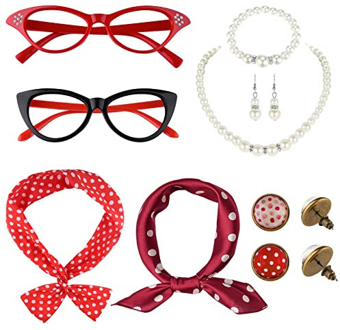 TUPARKA 12 Stücke 50er Jahre Rockabilly Kostüm Accessoires Damen 1950s Zubeh?r Set Inklusive Polka Dots Bandana Haarband Ohrringe Bracelet Katzenaugen Sonnenbrille Chiffon Schal