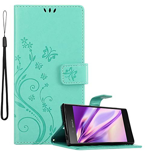 Cadorabo Hülle kompatibel mit Sony Xperia XZ1 Blumen Design aus Kunst Leder Flip Klappbare Stoßfeste Magnetische [Standfunktion] [Kartenfächern] Cover Hülle für Sony Xperia XZ1 Tasche in Türkis