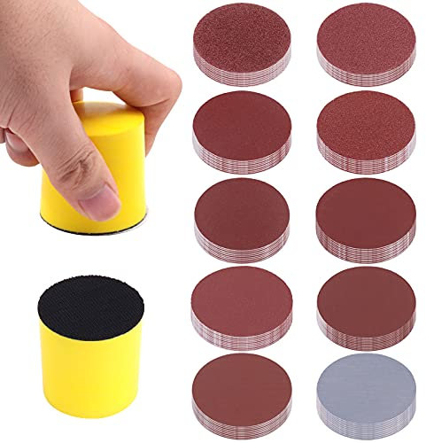 Mardatt 102Pcs 2 inch Hook and Loop Hand Sanding Block Sanding Discs Assortment Kit Includes 2Pcs Sanding Mouse with 100Pcs Sanding Disc 60-3000 Grit for Sanders or Polishers