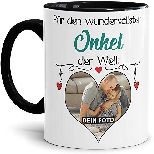 Tasse mit Spruch - Wundervollster Onkel der Welt - personalisiert mit Wunschfoto - Geschenkidee für den Onkel - Innen & Henkel Schwarz, 300 ml