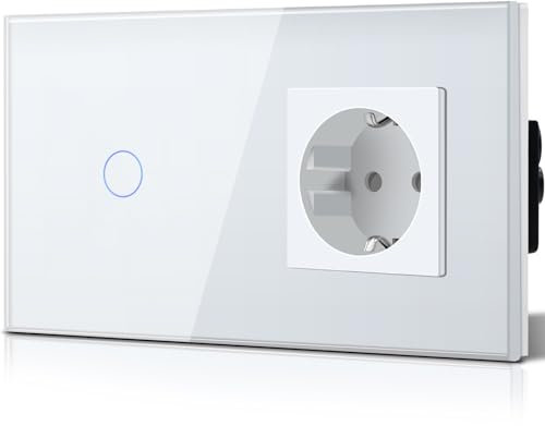 BSEED Lichtschalter mit Schuko Steckdose Glas, unterputz, 16 Amp CEE steckdosentresor, 1 Fach 1 Weg Touch Wandleuchtenschalter Weiss, Flacher wechselschalter, Modern, Wasserdicht Innenschalter