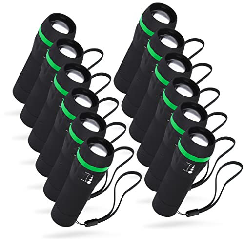ABSINA kleine LED Taschenlampe batteriebetrieben 12er Pack - Mini Taschenlampe Kinder mit 60 Lumen & 110m Leuchtweite - Kinder Taschenlampe für Jungen & Mädchen stufenlos fokussierbar inkl. Batterie