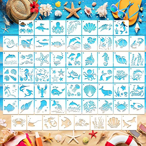 MWOOT 60 Stück Meer Thema Schablonen Stencils Kit, Wiederverwendbares Malerei Vorlage Bemalen Zubehör, DIY Ozean Kreaturen Schablone zum Malen an der Wand Scrapbooking Home Dekoration(7.6x7.6cm)