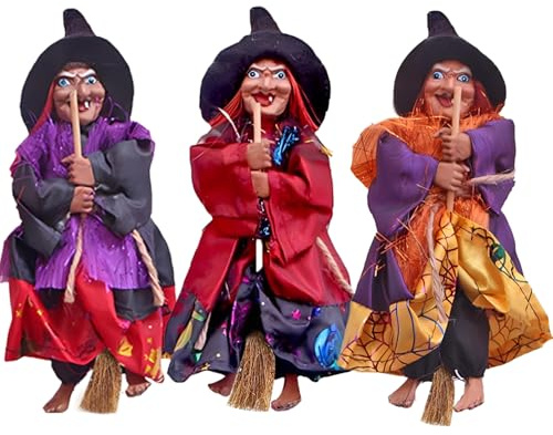 Gawertoy Halloween Witch Ornaments 3 PCS, 8 Flying Witch Figures on Broomsticks, Haunted House Hanging Props