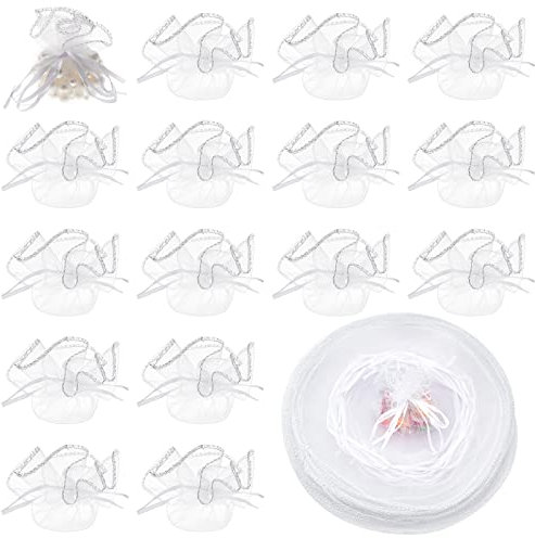 nbeads 100 Stück Organza Taschen, Durchmesser 26 cm Runde Kordelzug Organzabeutel Schmuck Geschenkbeutel Mit Pailletten Für Geburtstag Hochzeit Party Taufe, Weiß