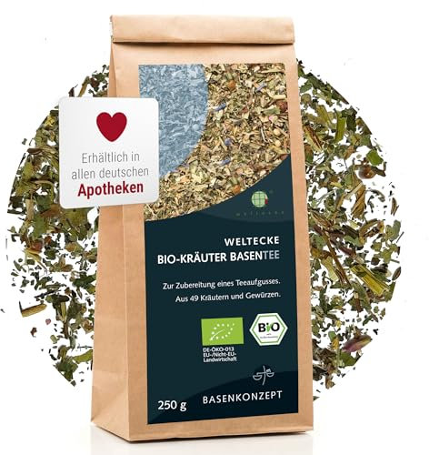 Weltecke Bio-Basen-Tee lose aus 49 Kräutern 250 g - In Deutschland hergestellt & abgefüllt - Für die basische Ernährung - Bio-Kräuter-Tee für den Säure-Basen-Haushalt