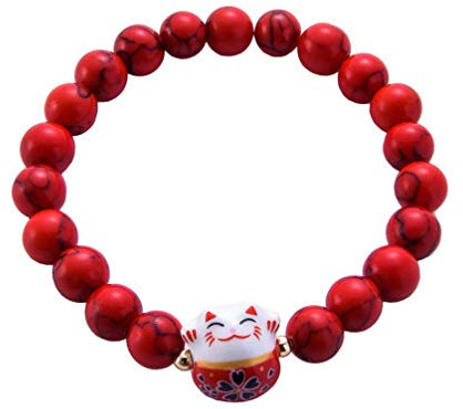 Générique Bracelet Japonais Maneki Neko (招き猫) Porte Bonheur Perles Naturelles (18 cm réglable) (Rouge Marbré)