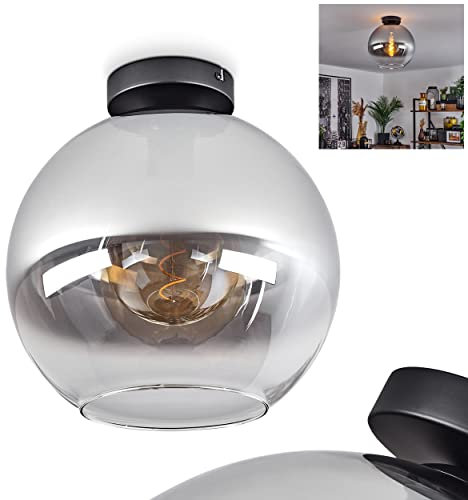 Deckenleuchte Koyoto, moderne Deckenlampe aus Metall/Glas in Schwarz/Rauchfarben/Klar, 1-flammige Leuchte im Retro/Vintage-Design mit Schirm aus Glas (Ø 30 cm), 1 x E27, ohne Leuchtmittel