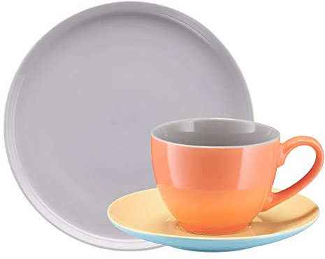 VILLA ITALIA BORNEO Porzellan Kaffeeservice für 6 Personen in Orange - Grau - Gelb - Blau (6 Tasse mit Untertasse - 6 Dessertteller) - Kaffeetassen 6er - Espressotassen Set