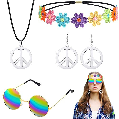 4 Stück 60er 70er Jahre Hippie Kostüm Set, Hippie Accessoires mit Friedenszeichen Halskette Ohrring Retro Sonnenbrille Stirnbänder für Damen Herren Party
