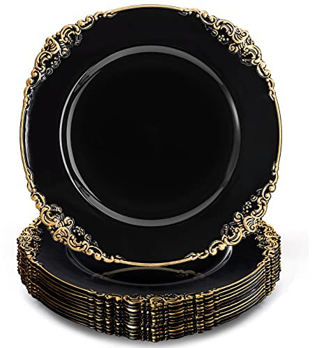 Okllen 12 Pack Plastic Round Charger Plates, 13 Dinner Charger Dessert Plates with Gold Rim, Vintage Charger Serving Plates for Catering, Wedding, Tabletop Decor, Black, Floral Trim