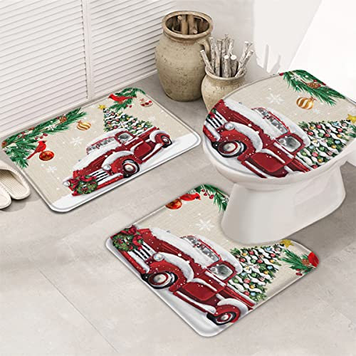3 Stück Badgarnitur Frohe Weihnachten-Bauernhof-LKW Badteppiche Schnelltrocknend U-Förmige Matte Mikrofaser Toilettenbezug Für Dusche, Wc, Badezimmer