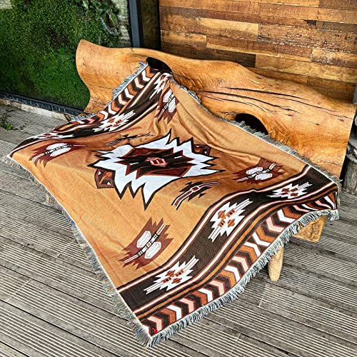 iyoimono Boho Sofaüberwurf Tagesdecke mit Fransen Baumwoll Gewebt Braun Geometrisch Decke 130x160cm - Eignet Sich als Couchdecke Bettüberwurf Sesseldecke und auch als Sofaüberwurf
