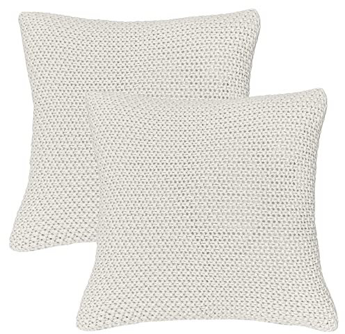 wometo 2er Set Kissenbezüge Strick 45x45 weiß - Reißverschluss Oeko-TEX Sofakissen Dekokissen warme weiche Kissenhülle mit edlem und schlichtem Strickmuster