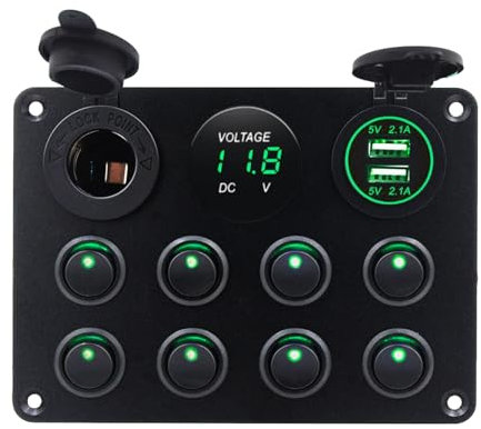 KAOLALI Interruptor 12V/24V Panel de Control de 8 Interruptores, Panel de Control Barco 4,2A Cargador USB + Toma de Encendedor + Voltímetro Digital para Coche Barco Marino, Verde